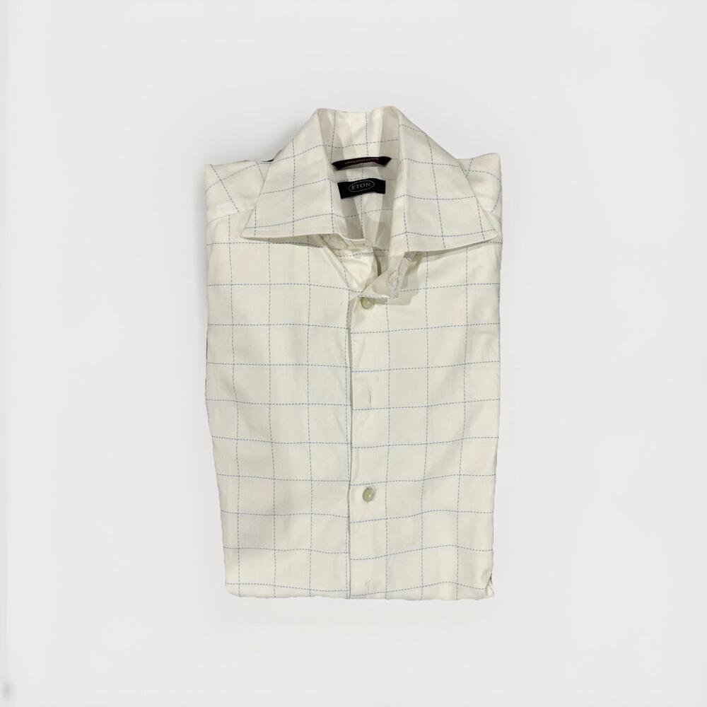 VTG ETON MENS DRESS SHIRT IVORY SMALL 15 NECK WINDOWPANE VGC!